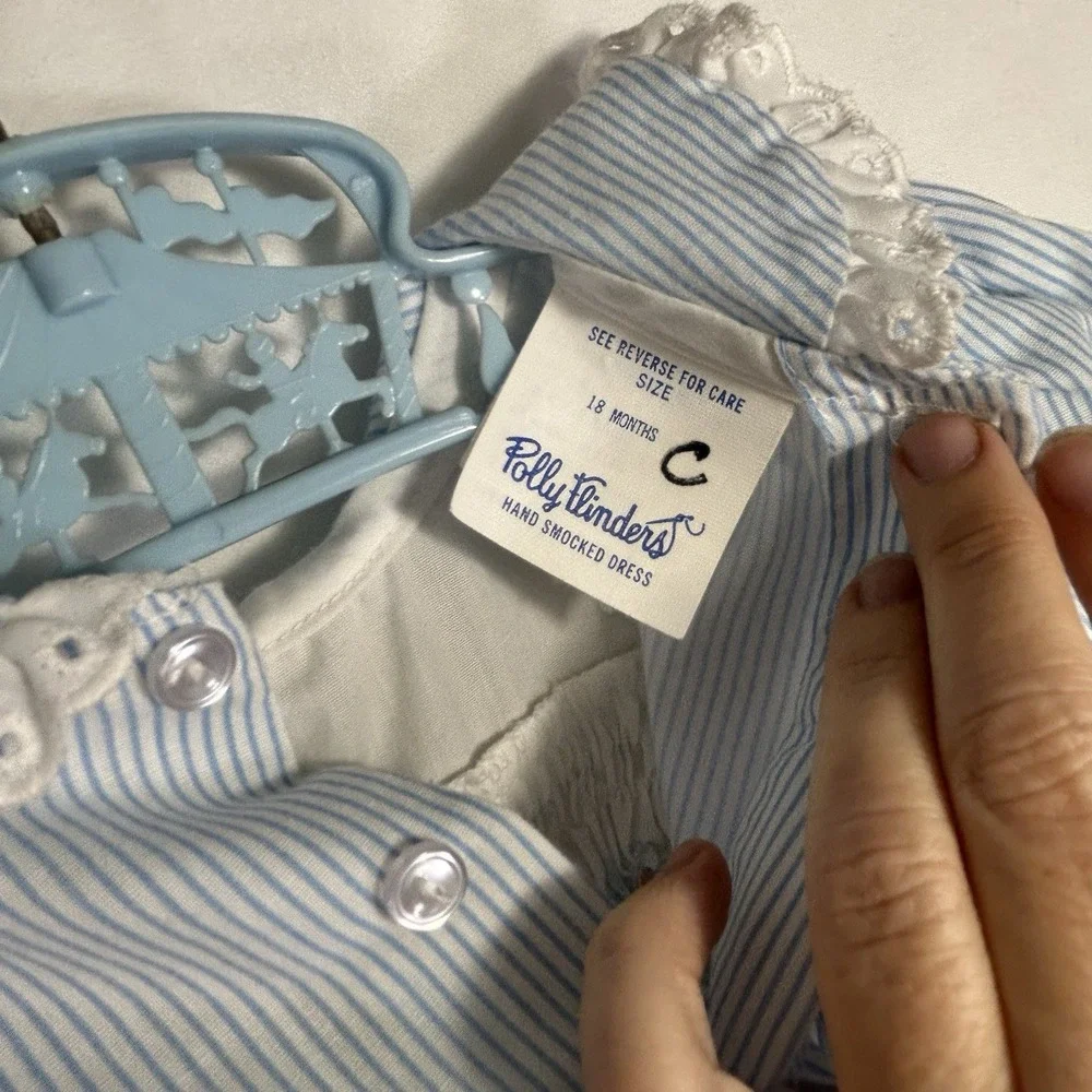 Polly Flinders Hand Smocked Dress Lightweight Blue Ruffled Collar Size 18 Months
